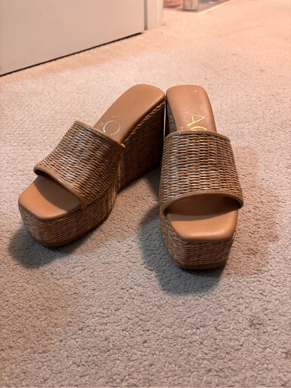 Woven Tan Platform Slide Wedges